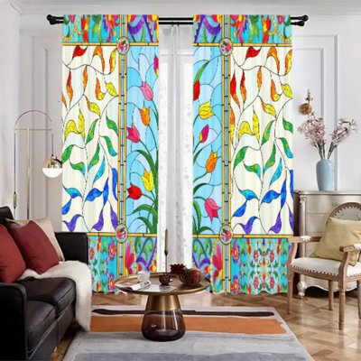 2 pièces rideaux en vitrail à motif, panneaux de traitement de fenêtre botaniques floraux colorés pour le salon, la chambre à coucher, les rideaux avec passe-tringle, écran de confidentialité
