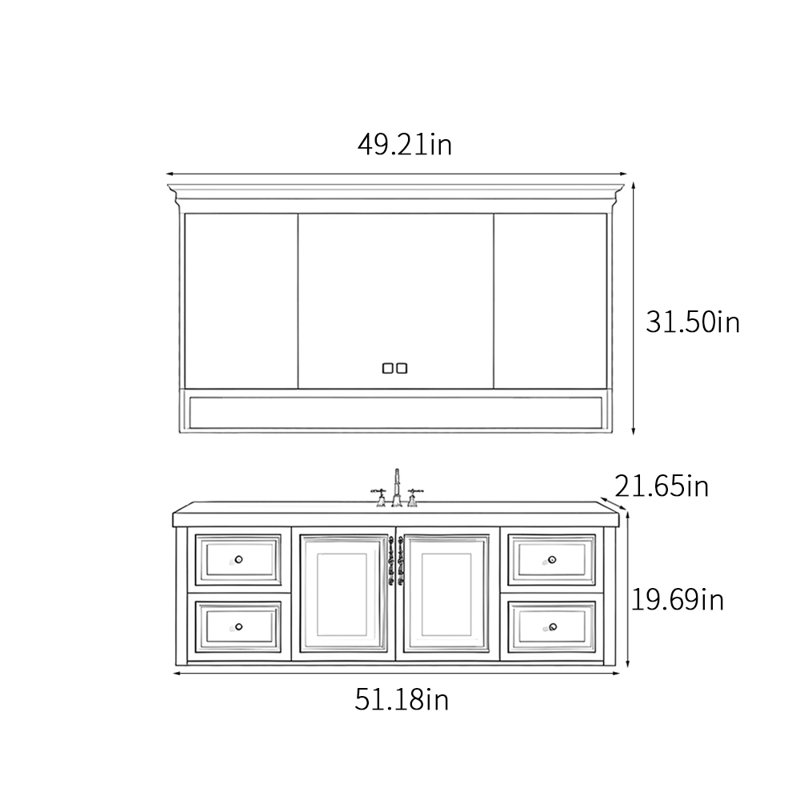 Armoire de salle de bain luxueuse de style rétro français, H 19,69 po x l 51,18 po x P 21,65 po, Blanc cassé