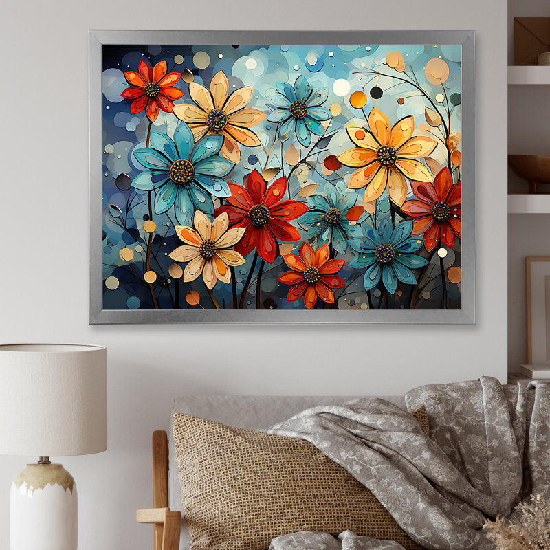 «Cubist Zinnias Flowers Collage» sur toile, Cadre simple argenté, H 16 po x l 32 po x P 1 po