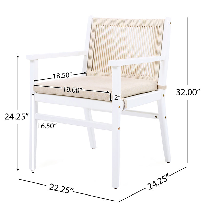 Repas d'extérieur pour 2 chaises, dossier en bois avec corde, coussin hydrofuge, structure blanche, limite de poids de 400 lb, coussin amovible pour le lavage en machine, confort ergonomique, repas en terrasse de style simple,