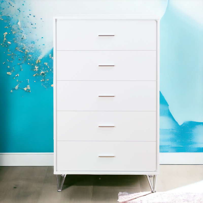 Commode 5 tiroirs avec pieds en métal, Blanc