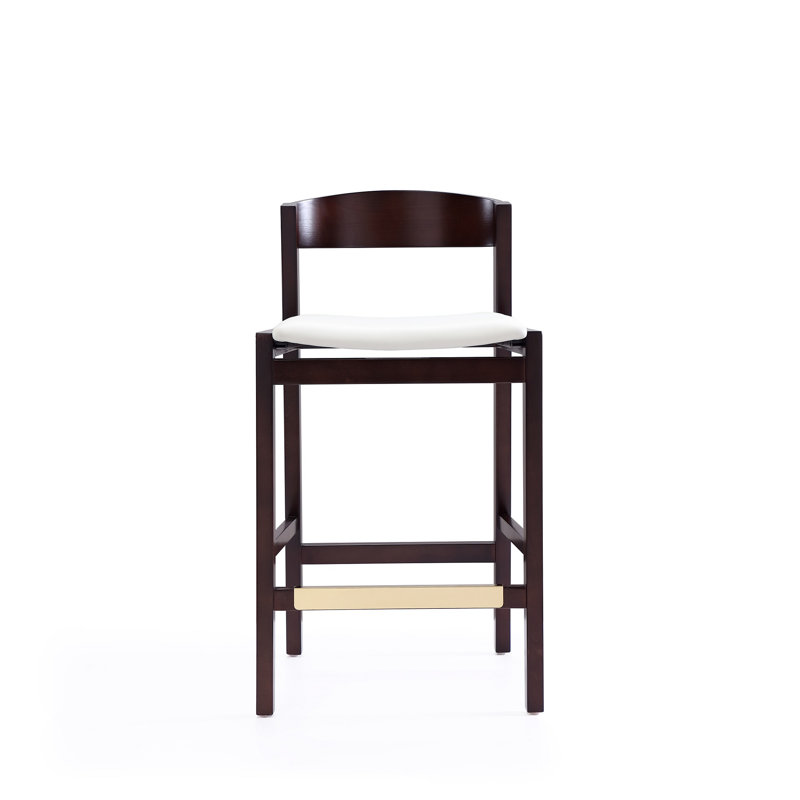 Klismos Mid-Century Modern Vegan Leather Upholstered Beech Wood Counter Stool in Ivory, Ivory