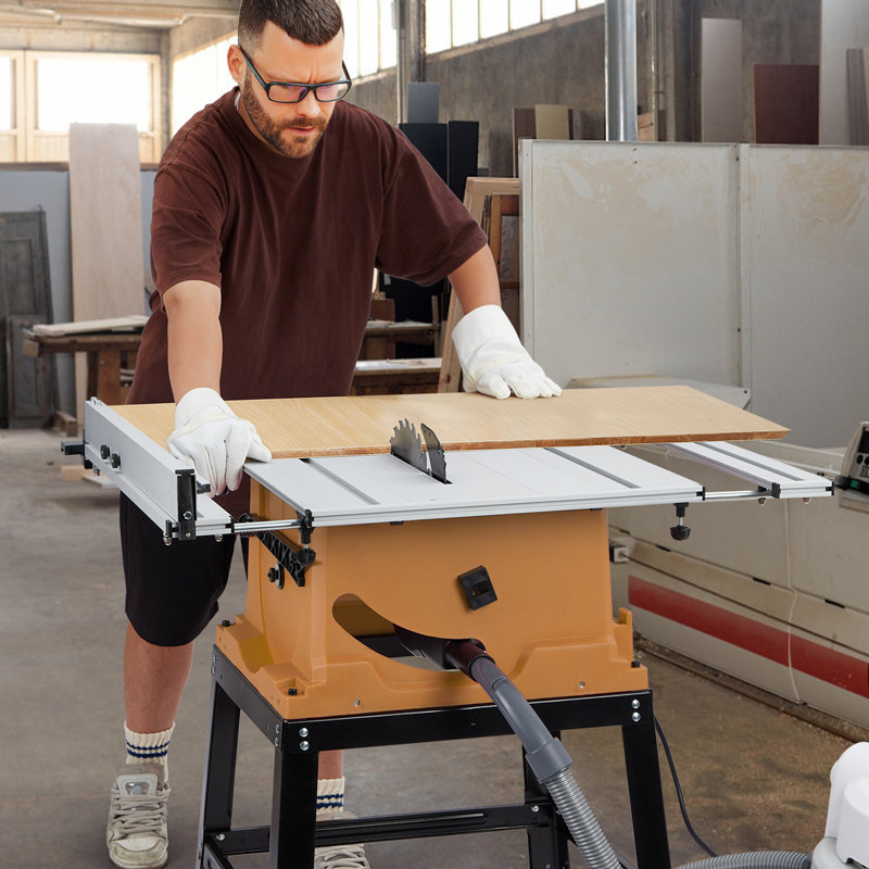 Scie de table 10 po avec support, scie portative de 15 ampères avec 5000 tr / min, coupe transversale à 90 ° et coupe biseautée de 0 à 45 °, hauteur de lame réglable pour le travail du bois