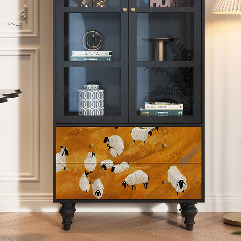 Solid Wood Glass Display Cabinet with Drawers