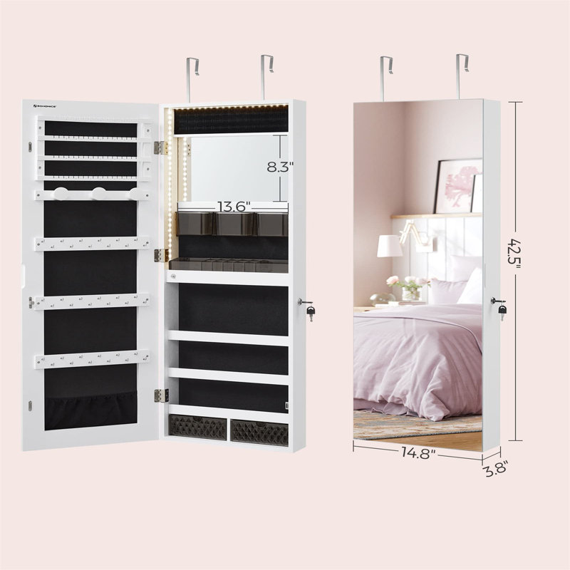 White Wall Mounted Jewelry Armoire with Mirror and LED Lights