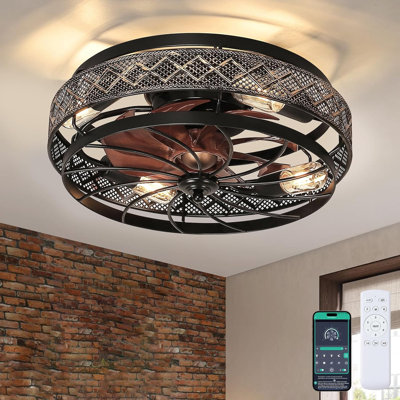 Low Profile Caged Ceiling Fans with Lights and Remote, Flush Mount Ceiling Fan with Light, Bedroom Fan, Small Industrial Black Ceiling Light Fixture, Reversible(Bulbs not Included)