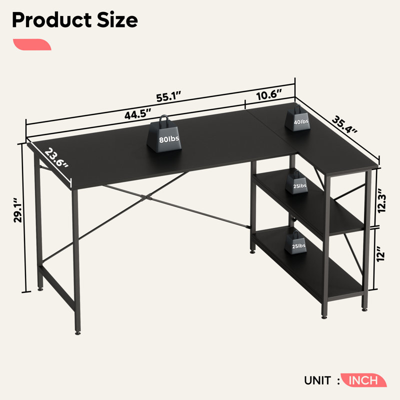 Bureau réversible en L Atia, H 29,13 po x l 55,12 po x P 35,43 po, Noir