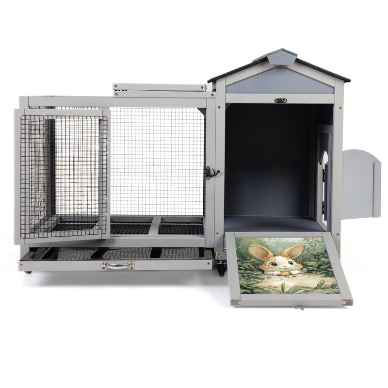 Cage à lapins spacieuse avec toit ouvrant, renfort en fil galvanisé et roulement doux pour animaux de compagnie, portes intérieures et extérieures à motifs multicolores gris pour animaux de compagnie, plancher en filet de protection, panneau solaire, conception