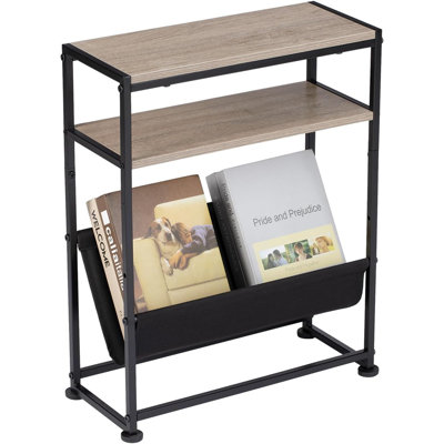 Narrow End Table For Small Spaces - Slim Side Table With Magazine Holder,2 In 1 Design Narrow Coffee Table Living Room,Skinny Bedroom Nightstand Thin Side Magazine Table,Oak