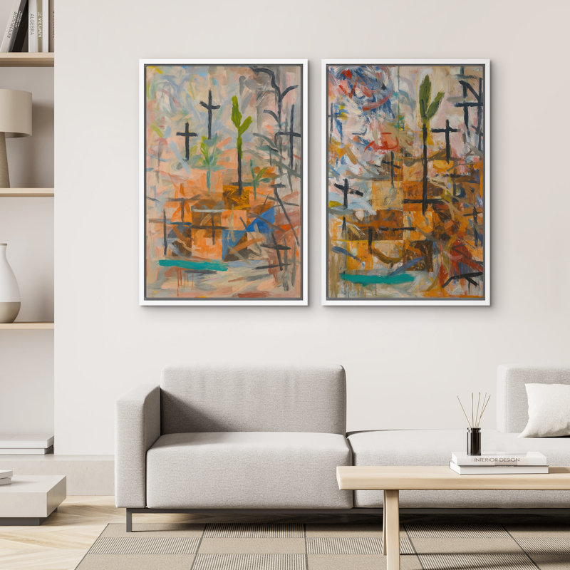 Art mural abstrait, ensemble de 2 reproductions d'art encadrées sur toile, H 24 po x l 32 po, Blanc