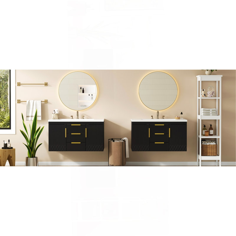 Meuble-lavabo mural 72 po, armoire de rangement flottante avec tiroirs, armoire de salle de bain en bois massif 72 po