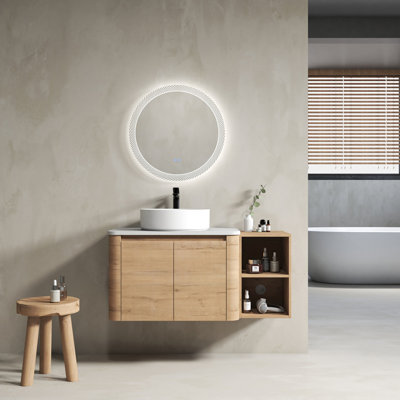 Meuble-lavabo mural 42 po avec lavabo d'art en céramique et 1 tablette de rangement, 2 portes à fermeture douce, emballage KD, contreplaqué