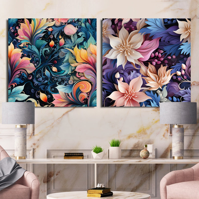 Diemer - Ensemble de 2 collages floraux et botaniques carrés, H 16 po x l 33 po, Toile tendue