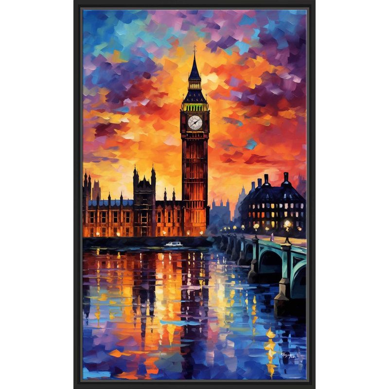 London, England At Twilight V1 - Peinture sur toile à cadre flottant, H 33,5 po x l 21,5 po x P 2 po