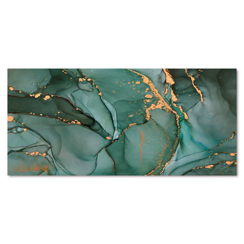 Turquoise et gris luxueux abstrait fluide IV - peinture sur toile, H 28 po x l 60 po x P 1,5 po, Toile tendue
