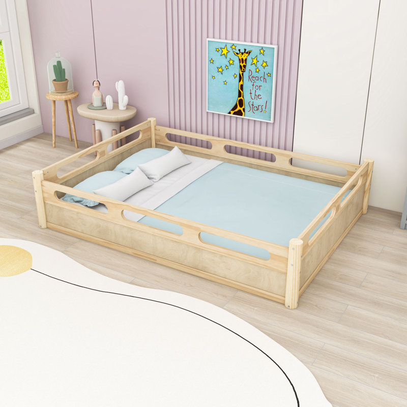 Floor Platform Bed with Guardrails, Natural, Full