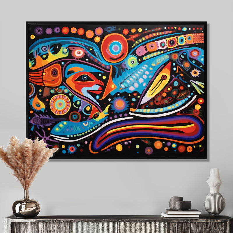 Indigenous Composition Great Mystery - Native American Wall Art, 12" H x 20" W x 1" D, Black Floater Framed Canvas
