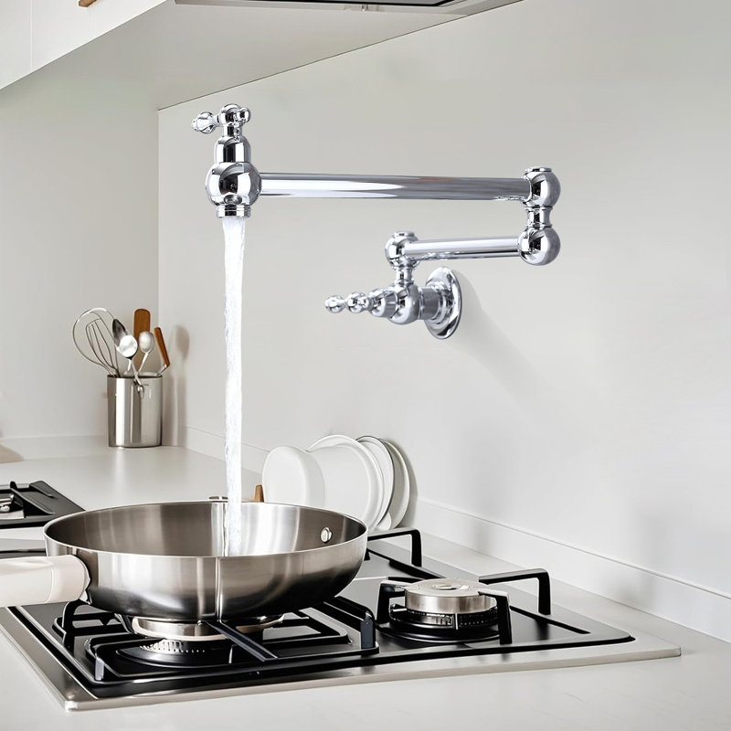 Single Hole Wall Mounted Swing Arm Folding Pot Filler Kitchen Faucet With Double Handles, Chrome