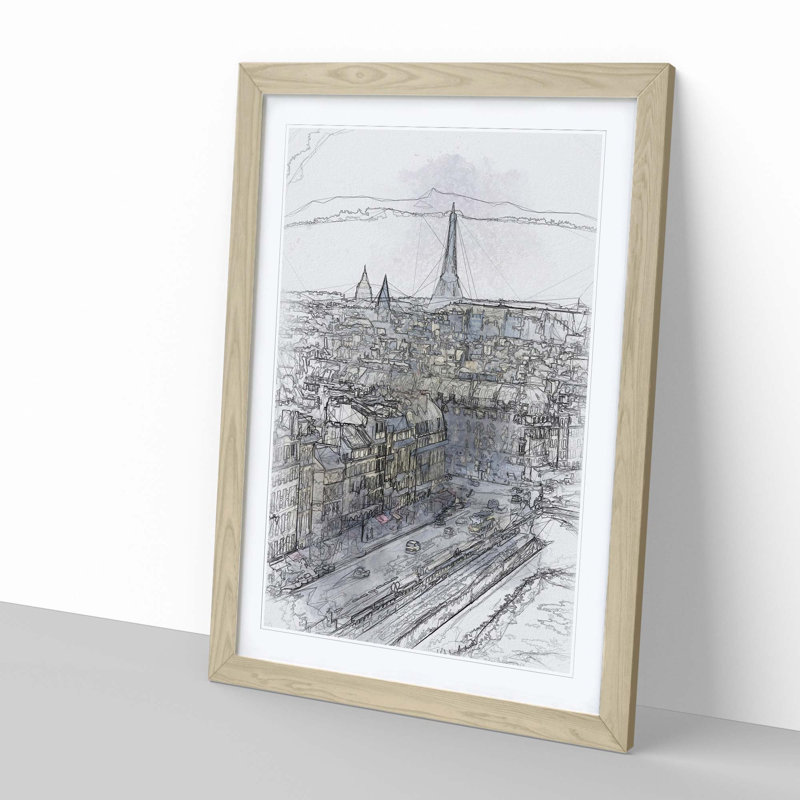 View of the Eiffel Tower in Paris France - Picture Frame Graphic Art Print, 91cm H x 60cm W x 2cm D, Oak