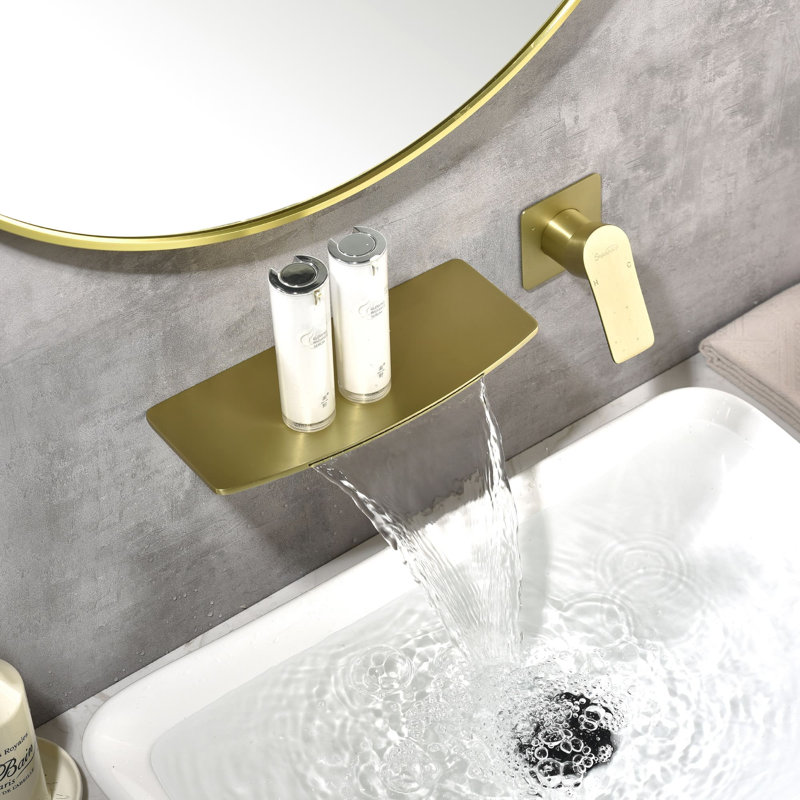 Wall Mount Tub Faucet 2 Hole Waterfall Bathtub Faucets Modern Brass Single Handle Tub Fillers, Brushed Gold