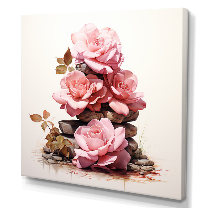 Rose rose empilée sur des pierres spirituelles II - Art mural rose, Toile tendue, 30" H x 30" W