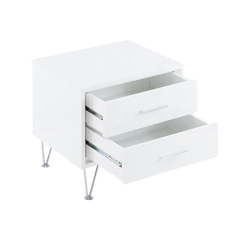 Table de chevet rectangulaire à 2 tiroirs avec finition blanche et pieds décoratifs