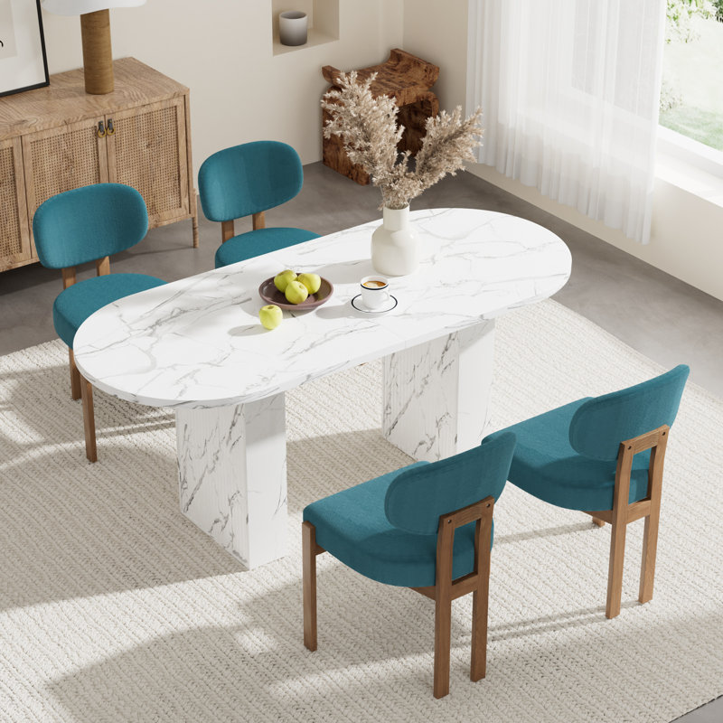 Ensemble de table de cuisine ovale à double piédestal, 5 Pieces: Table, 4 Chairs, Teal