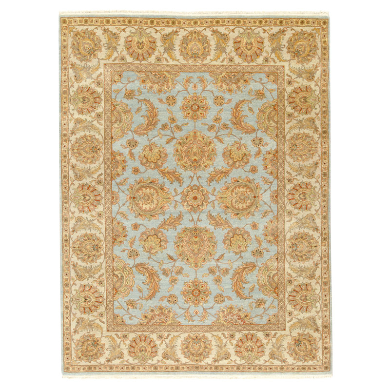 Tapis bleu clair et ivoire noué à la main de haute qualité