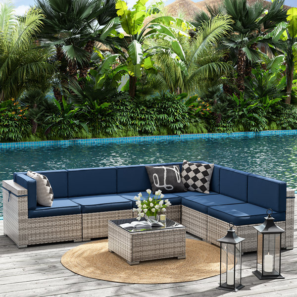 Leisure 7 Piece Rattan Sectional Seating Group with Cushions Latitude Run Cushion Color: Light Blue