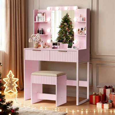 Particle Board Laminated With Textured Melamine, 2-Drawer 4-Tier Shelf, With 10 Three-Tone Dimmable Bulbs, Dressing Table Set
