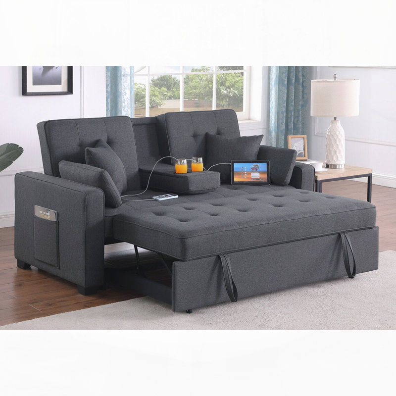 Linen Convertible Sleeper Loveseat with Dropdown Console