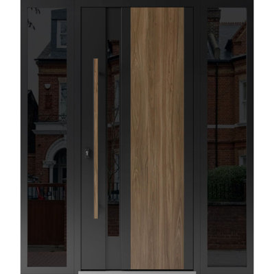Porte d'entrée extérieure prémontée en acier Dekton 0163 Venezia Noce 2, fenêtres latérales extérieures, imposte/porte d'entrée en métal, style moderne peint, largeur 16+36+16 x hauteur 80, ouverture à droite vers l'intérieur