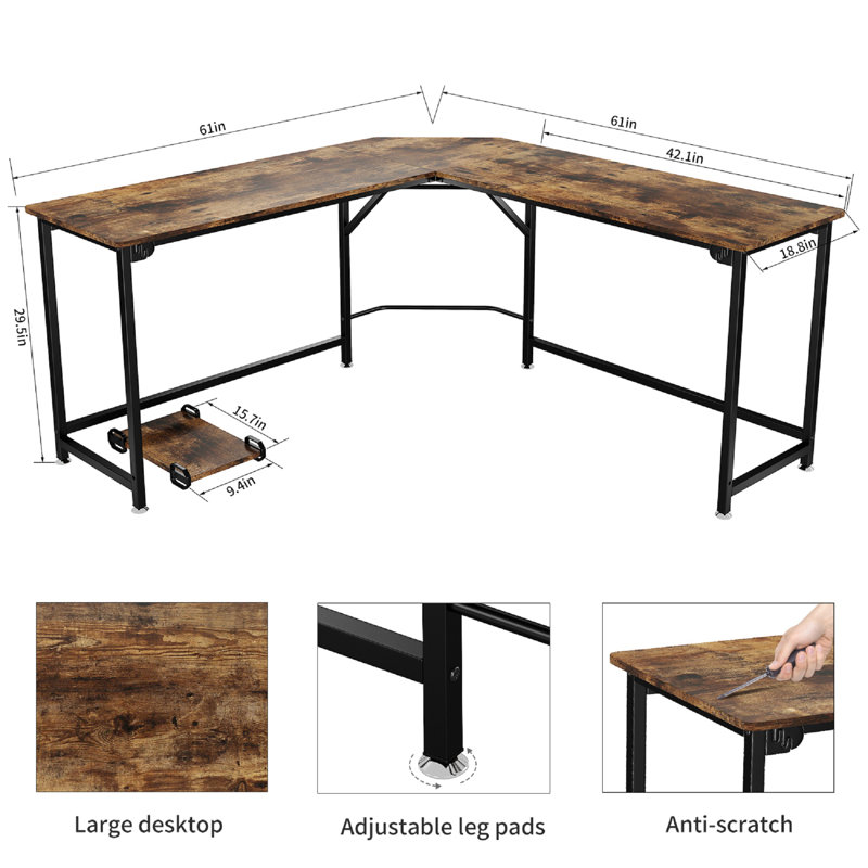 L-Shaped Metal Base Writing Desk, Rustic Brown