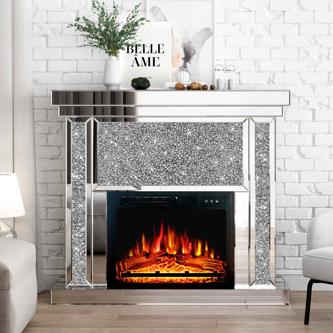 43'' W Crushed Diamonds Mirrored Electric Fireplace & Heater With LED Flame Mercer41