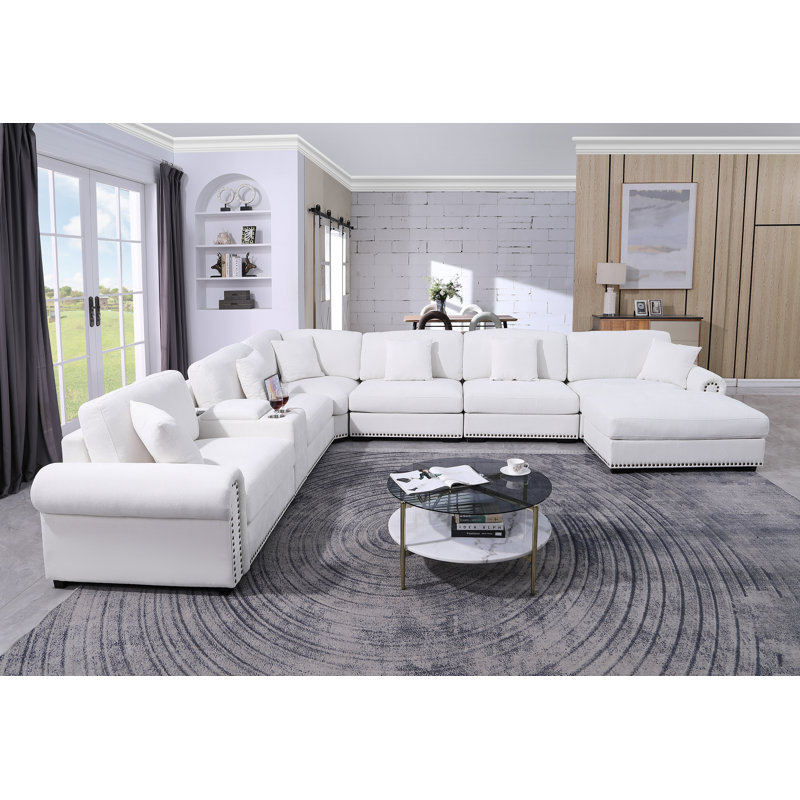 Stimpson 7-Seater Modular Sectional with Cup Holders, White Chenille