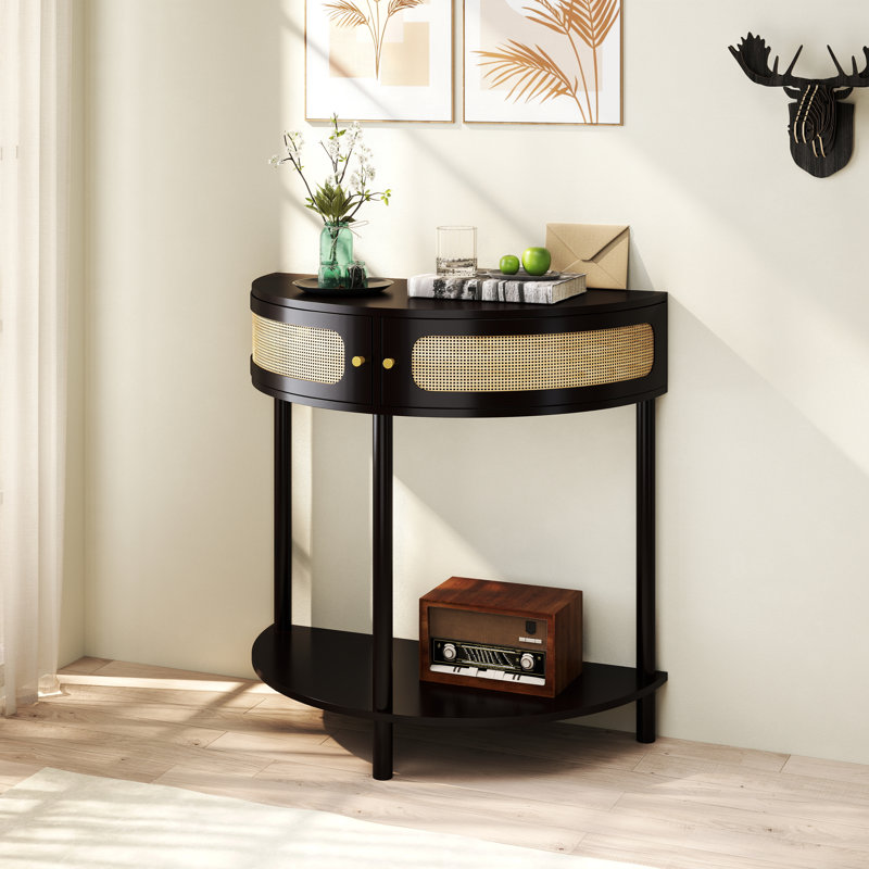 32"W×32"H Vintage Half-Moon Console Table with 2 Rattan Doors Entry Table with Bottom Shelf Hallway Table Sofa Table for Living Room