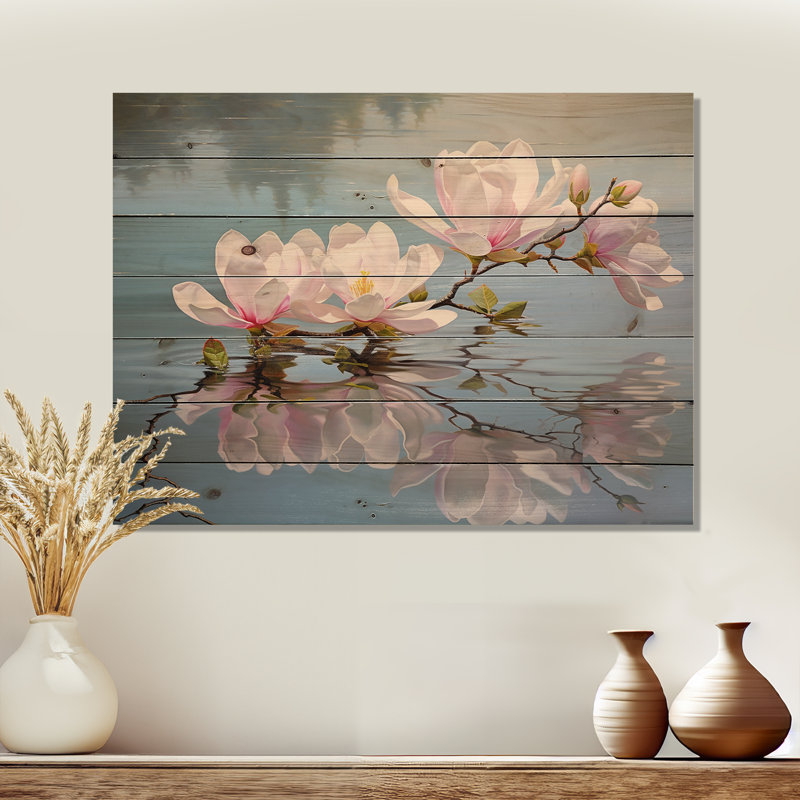 Blanc blanc gris Magnolias Magnolia Reflections II sur bois, H 10 po x l 20 po x P 0,78 po