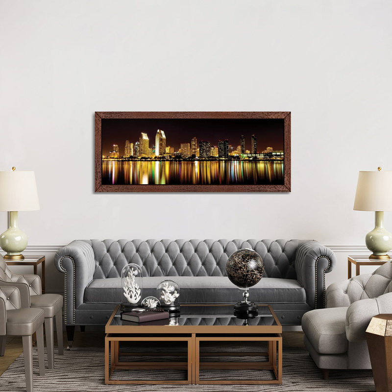 San Diego Skyline 1 Piece Floater Frame Panoramic Wall Art on Canvas, 30.48 cm H x 91.44 cm W, Brown Floater Framed
