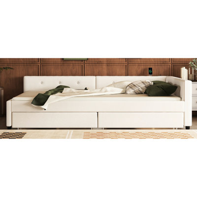 Grand lit tapissier avec 2 tiroirs de rangement et tiroirs profonds beiges