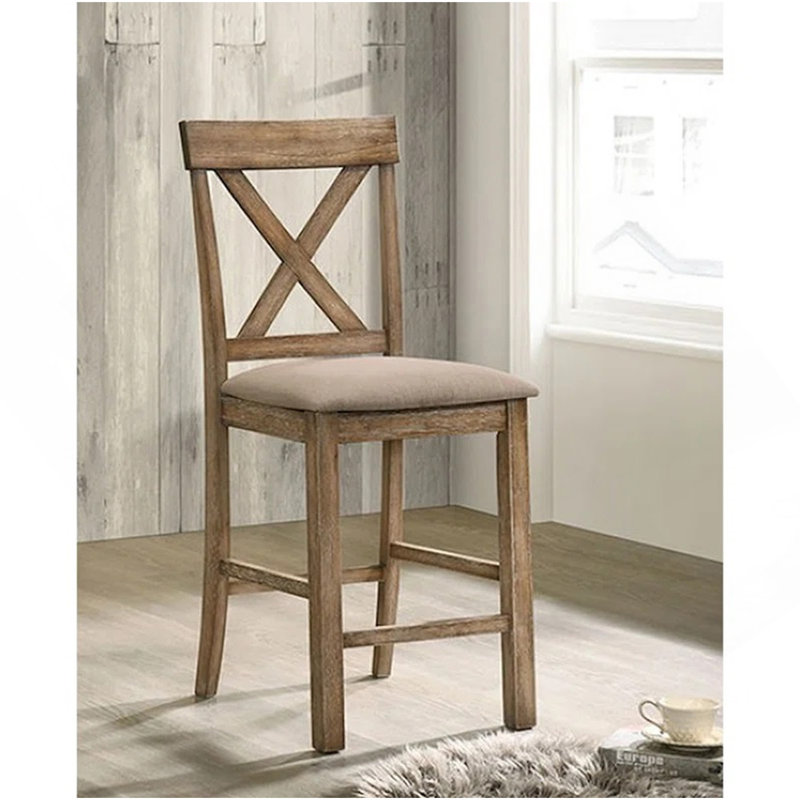 Ensemble de 2 chaises à hauteur de comptoir revêtues de lin, brun clair et chêne vieilli