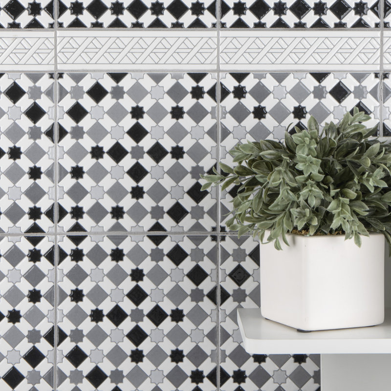 Sevillano Giralda 8" x 8" Ceramic Patterned Tile, Light Gray/White