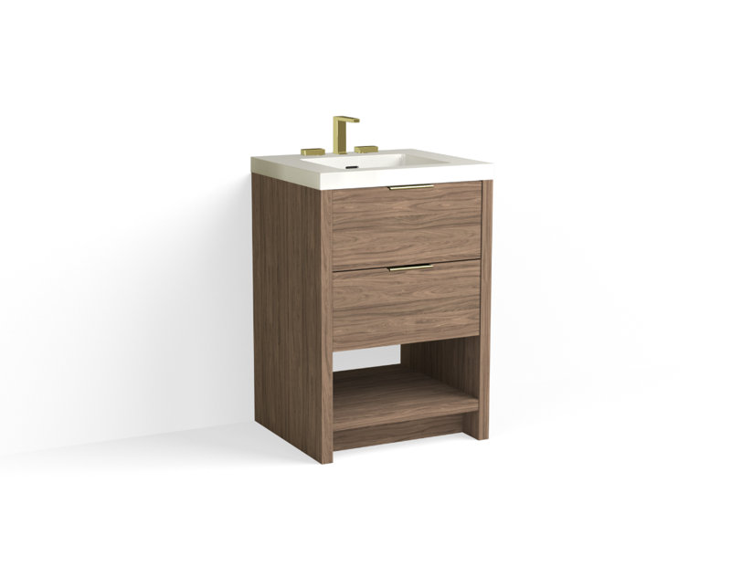 Vue 24" W Freestanding Single Bathroom Vanity, Matte White/8" Widespread, Satin Brass, Nocino