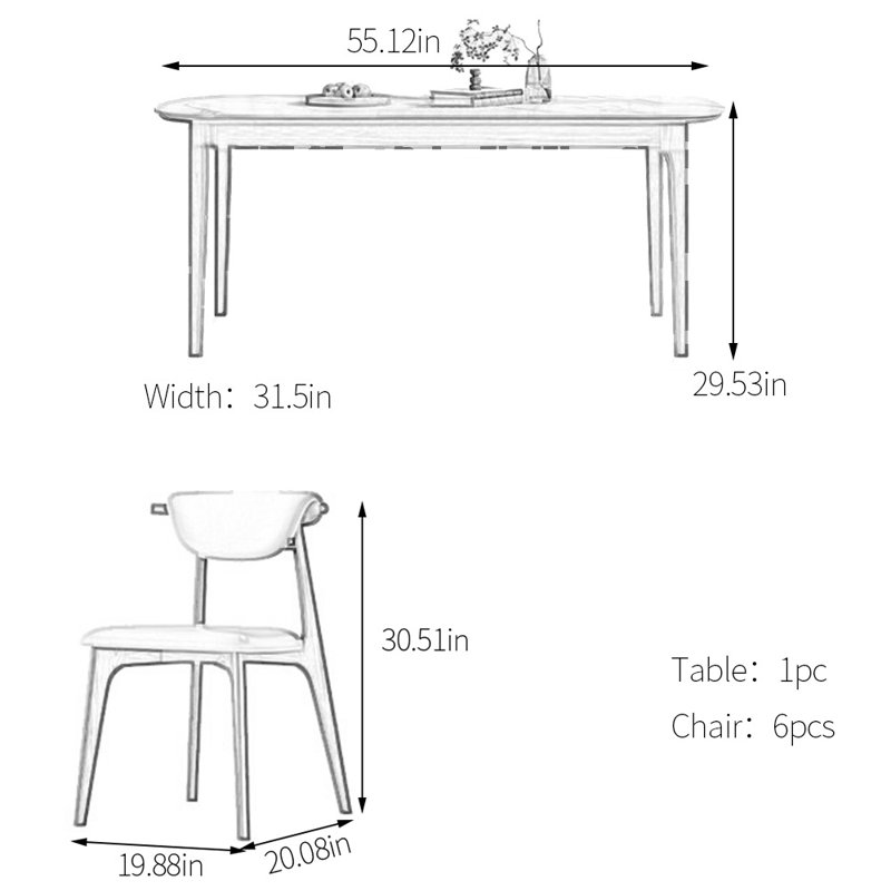 Simple sintered stone dining table set, 29.53"H x 55.12"L x 31.5"W