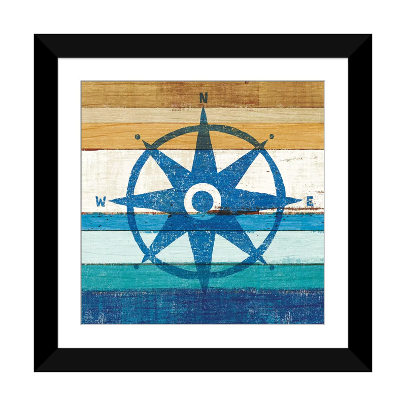 «Beachscape Series: Compass I», impression sur toile, H 16 po x l 16 po x P 1 po, Papier d'art encadré noir, Blanc