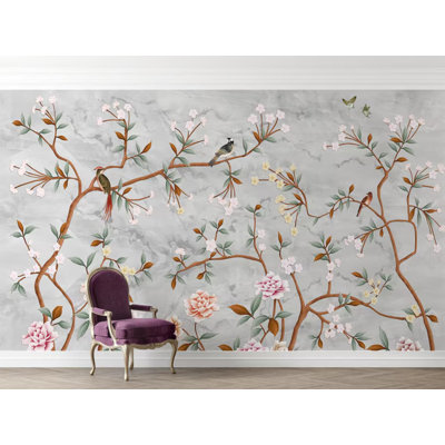 Gray Marble Floral Branch Wallpaper Wall Mural
