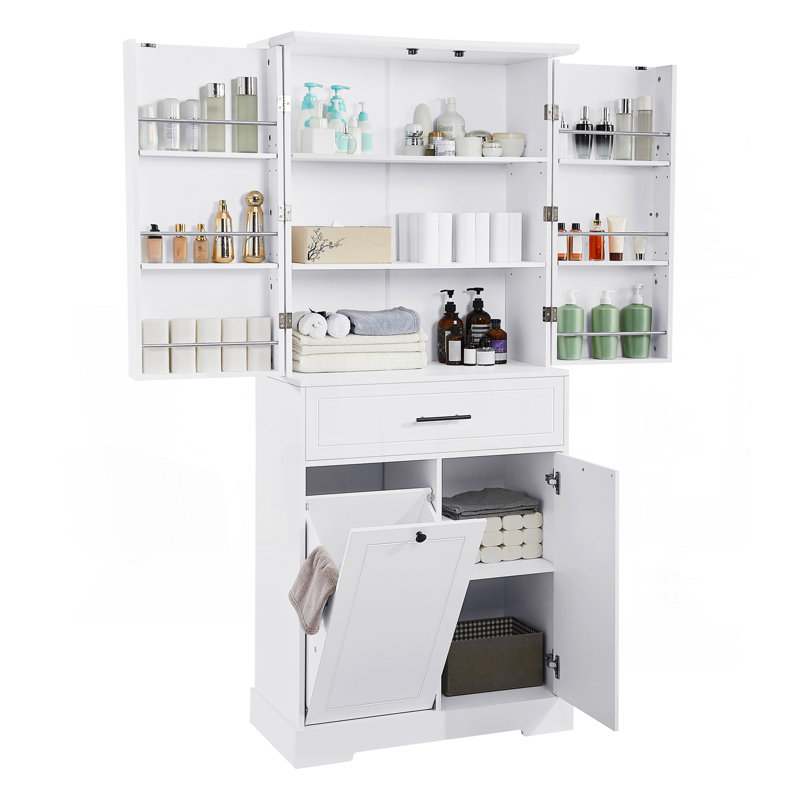 Armoire de rangement autoportante avec portes et tiroirs, panier à linge inclinable, tablette réglable, plusieurs espaces de rangement, blanc