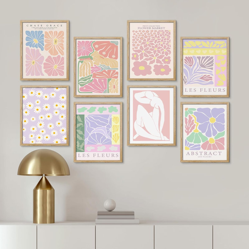 «Colorful Abstract Floral Botanical Flower Daisy Rose», impression sur papier 8 pièces, L 8 po x H 10 po, Encadré naturel