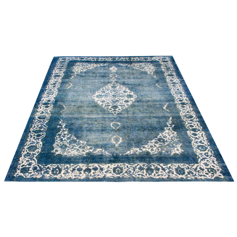Tapis bleu foncé en laine noué à la main de conception unique 9 pi 7 po x 12 pi 11 po New Age