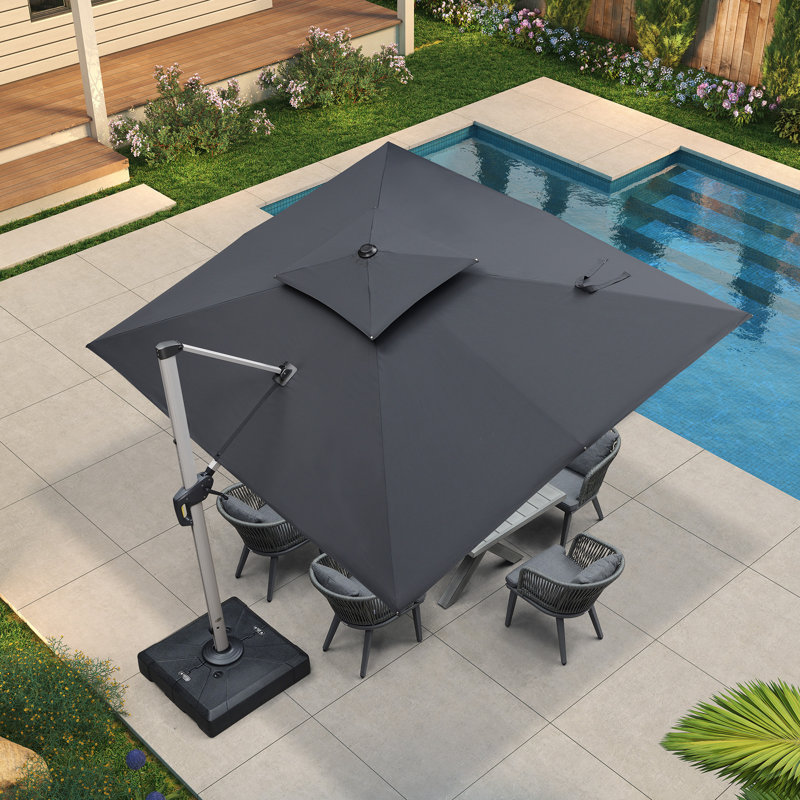 Parasol rectangulaire en porte-à-faux avec base Bohusiavice, Bleu marine, H 108 po x l 156 po x P 120 po