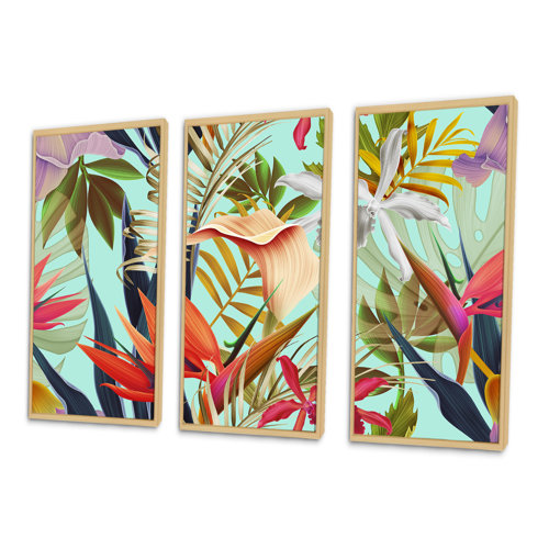 Bayou Breeze Tropical VIntage Flowers II Framed On Canvas 3 Pieces ...